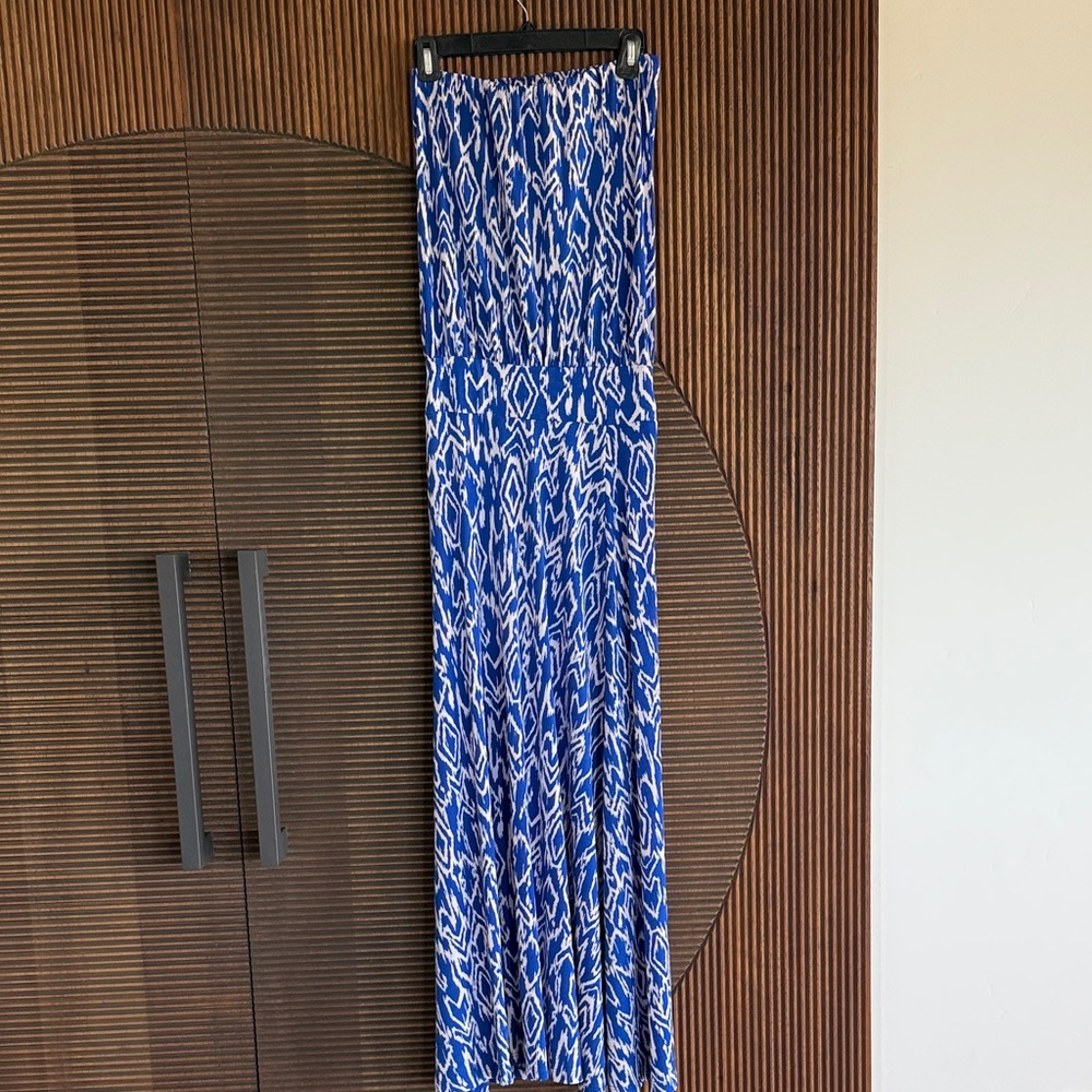 Veronica M Blue and White strapless drop waist Maxi dress